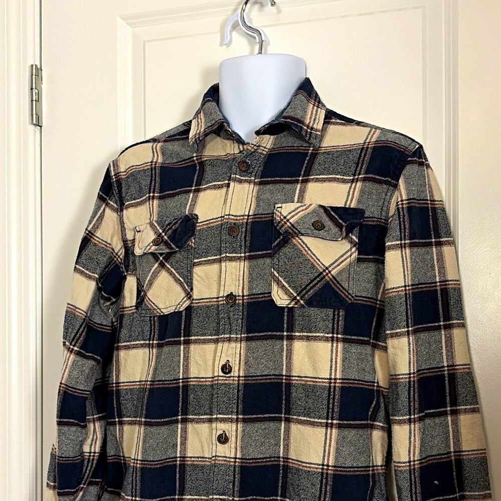 jachs mens m flannel plaid button up shirt long sleeve pockets blue beige gray